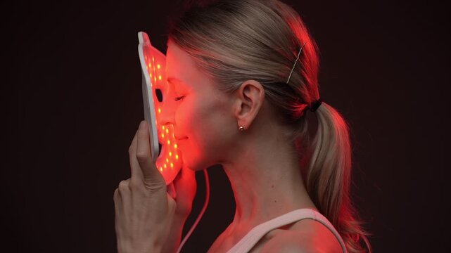 woman using infrared light therapy LED mask  turning her face to the mask. relaxed smiling face,  black  background. Contrast red light. horizontal composition video footage