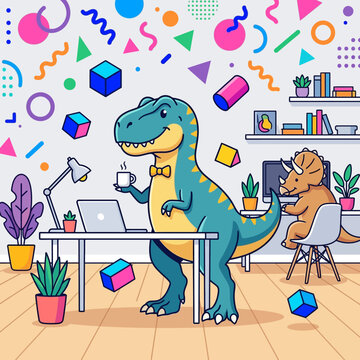 A cartoon illustration depicts a friendly green tyrannosaurus rex wearing a bow tie and working at a desk with a laptop while a small triceratops sits nearby in a colorful office.