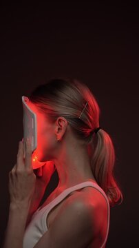 infrared light mask. woman using infrared light face mask. black background. professional skin care. vertical video footage. relaxed smiling blonde woman