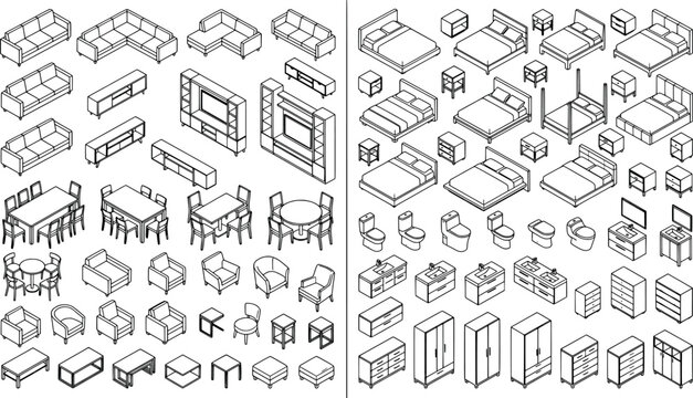 Set of isometric furniture icons for interior design