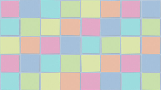 A grid of colorful pastel sticky notes creates a soft, cheerful mood, perfect for organizing ideas or using as a calm background with copy space.