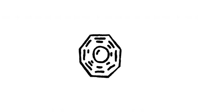 Animated doodle Bagua mirror icon. 4K frame by frame line art on black and green screen chroma key background for Feng Shui protection, Daoist octagonal shield, and Asian harmony energy edits.