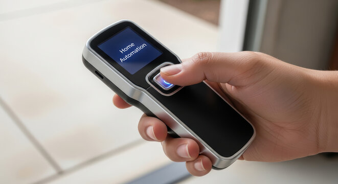 Home automation fingerprint scanner in hand for secure access control and modern smart home entry