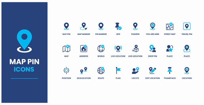 Professional map pin and navigation icon set for travel and location applications