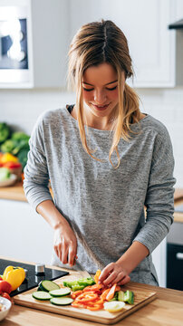 Beautiful Asian Woman Preparing Fresh Vegetables in a Bright Modern Kitchen