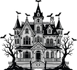Fototapeta premium Haunted house illustration black and white vector graphic with bats and trees