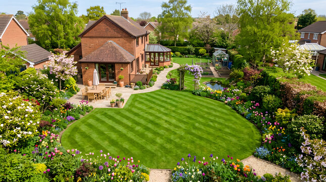 beautiful backyard garden design ideas | english cottage garden with manicured lawn | suburban red brick house landscape | outdoor patio and garden pond