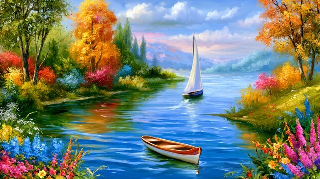 Colorful autumn landscape painting with boats on lake