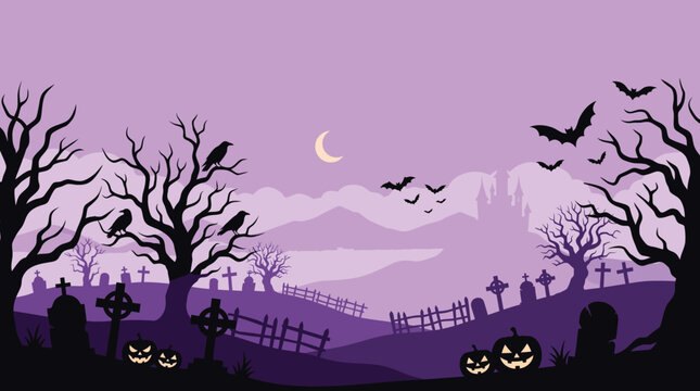 Spooky halloween background vector illustration featuring a haunted graveyard with bare trees bats a crescent moon and a glowing jack o lantern