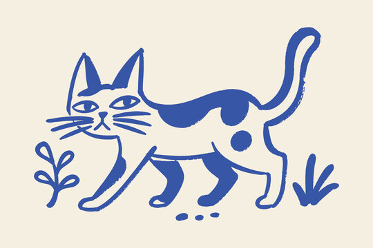 Walking Cat Naive Art Vector Illustration