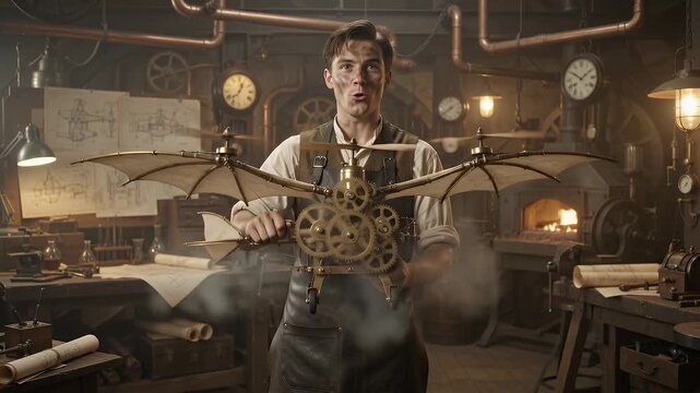 Victorian inventor proudly displaying a complex clockwork flying machine in his dimly lit workshop, inspired by steampunk aesthetics.