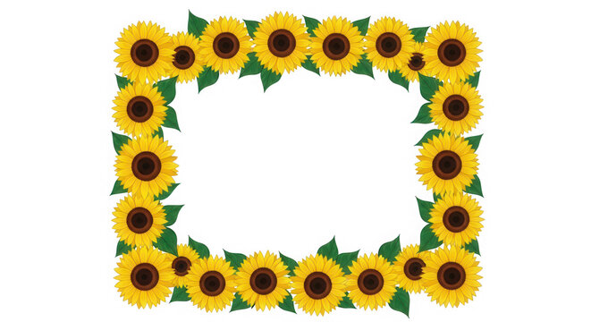 Square border frame made of beautiful yellow sunflowers and green leaves isolated on transparent background