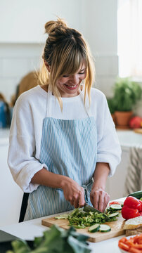 Beautiful Asian Woman Preparing Fresh Vegetables in a Bright Modern Kitchen