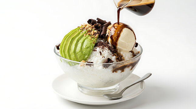 Premium Korean Avocado Espresso Bingsu with fresh avocado slices, vanilla gelato, and an espresso pour on a white background