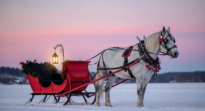 A beautiful white horse pulling a red sleigh on a snowy landscape at sunset with a glowing lantern attached to the side of the carriage