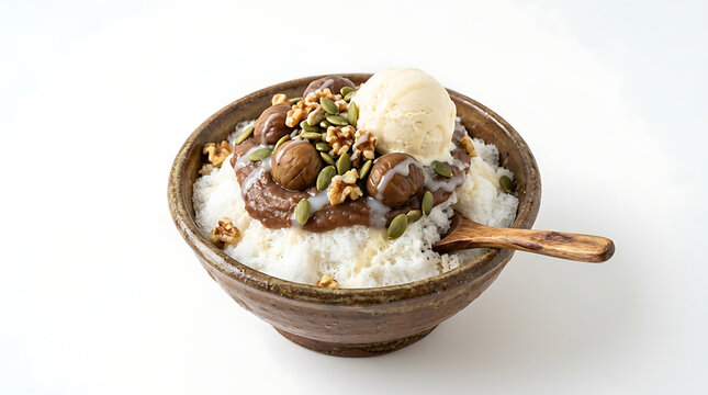 Earthy Korean Chestnut Walnut Patbingsu or bingsu with rich puree and roasted nuts on a white background