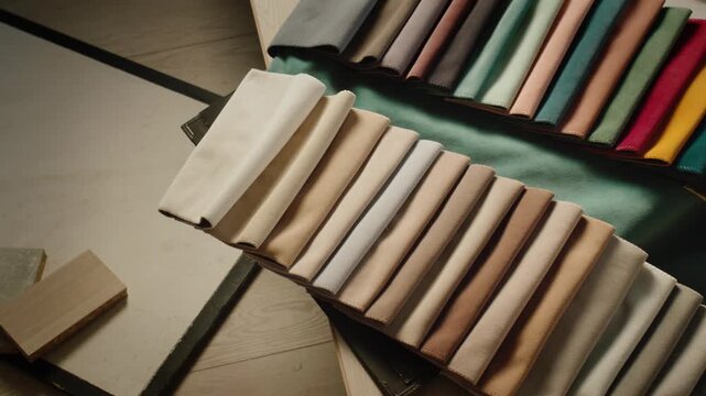 Top view of fabric swatches and wood samples for interior design project in showroom.