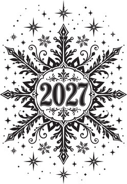 2027 Ornate Snowflake New Year Decoration Black and White Vector Illustration