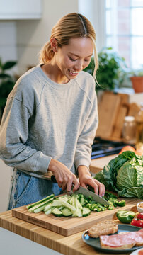 Beautiful Asian Woman Preparing Fresh Vegetables in a Bright Modern Kitchen