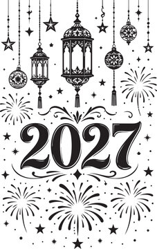 Happy New Year 2027 Islamic Lantern Ornaments with Fireworks Black and White Vector Illustration