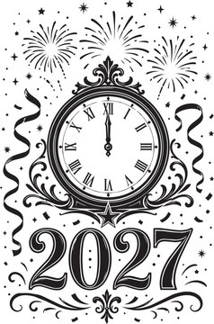 Happy New Year 2027 Midnight Clock with Fireworks Vintage Black and White Vector Illustration