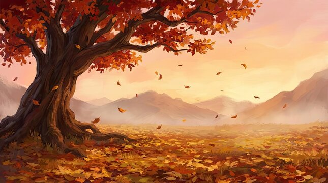 Large autumn tree in golden mountain field.