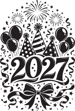 Happy New Year 2027 Vintage Ribbon Typography with Fireworks Black and White Vector Illustration