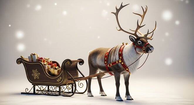 3d illustration of a festive reindeer pulling a wooden sleigh filled with wrapped christmas gifts, set against a soft, snowy, lightfilled background