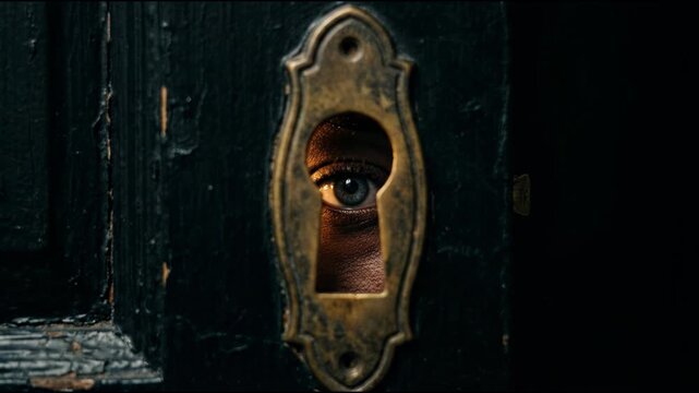Observing Through Keyhole with Dilated Pupil and Reflecting Light Intriguing Mystery and Surveillance in a Dark Room Concept
