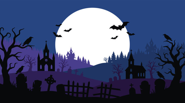 A spooky halloween background vector illustration featuring a full moon silhouette of a haunted castle graveyard and flying bats at night