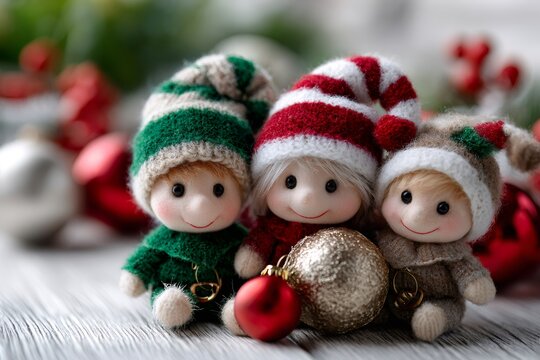 Cute christmas elf dolls celebrating holiday season