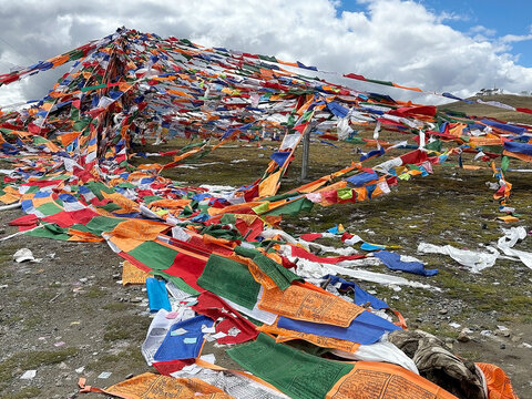 Prayer flags at Mount Everest National Reserve entry point, Tibet, China