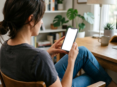 Over the shoulder shot of a man holding a blank screen phone mockup at a wooden desk.
