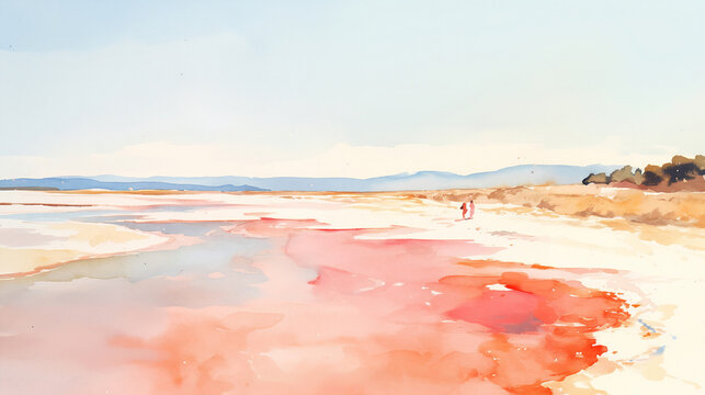Panoramic watercolor illustration of a vast pink salt lagoon. Mediterranean landscape with two distant figures on the shore. Scenic nature painting