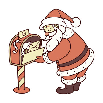 Vintage Santa Claus checking mailbox for Christmas letters, retro cartoon Father Christmas with holiday mail, festive winter vector illustration