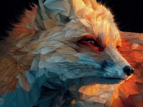 Close-up of fox's face, with stylized fur effect and contrasting warm, cool tones
