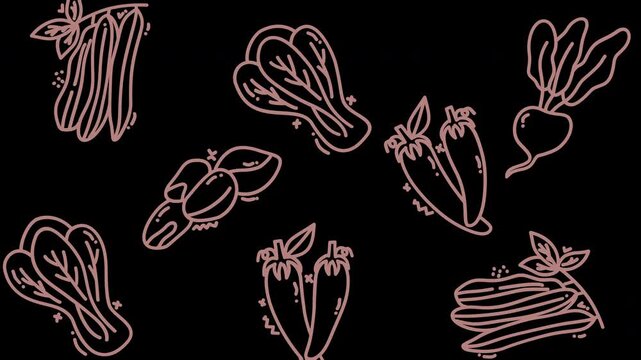 Doodle vegetable icons in simple white outlines suitable for web graphics, recipe cards, food blog headers, and kitchen themed designs.