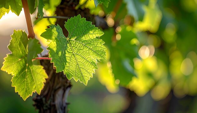 Sunlight filtering through vibrant green grape leaves on a vine.