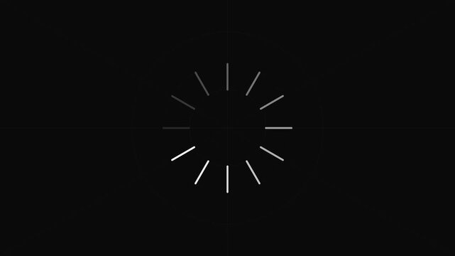 Loading indicator consisting of thin white segments arranged in a circular formation glows against a solid black background.