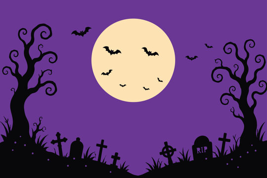 Spooky halloween background vector illustration featuring a full moon silhouette trees and a graveyard scene perfect for festive holiday graphic design projects