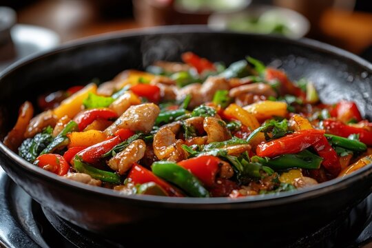 Chicken stir fry cooking with steaming vegetables in pan