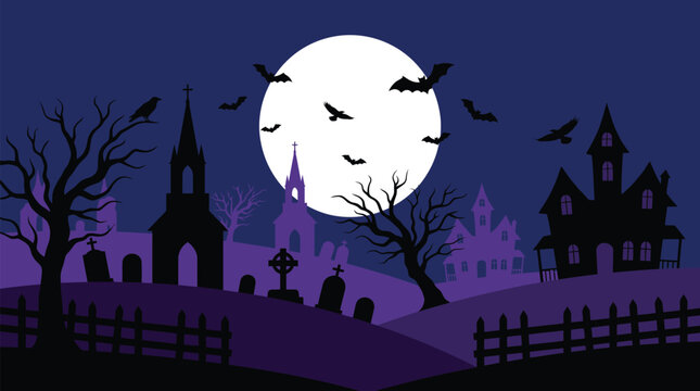 Spooky halloween background vector illustration featuring a haunted cemetery with a full moon silhouettes of bats and an old church building
