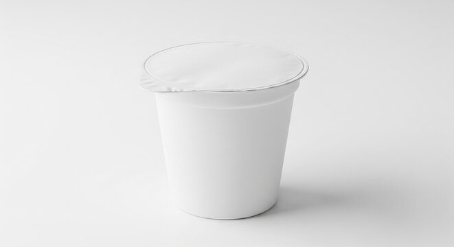 Blank white plastic food cup with a foil lid isolated on a neutral gray studio background for product packaging design mockup