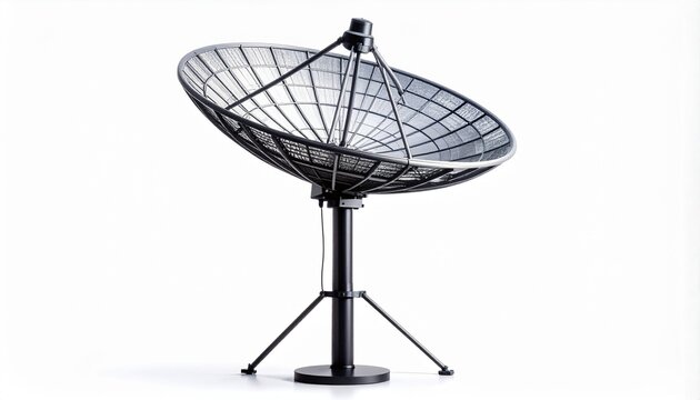 Black mesh satellite dish antenna isolated on white background, representing global communication, internet connectivity, and broadcast technology.
