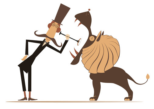 Illustration of cartoon man in the top hat examining mouth of a lion