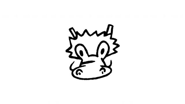 Animated doodle dragon head icon. 4K frame by frame line art on black and green screen chroma key background for Asian mythical creature, Chinese folklore beast, and Spring Festival mascot.