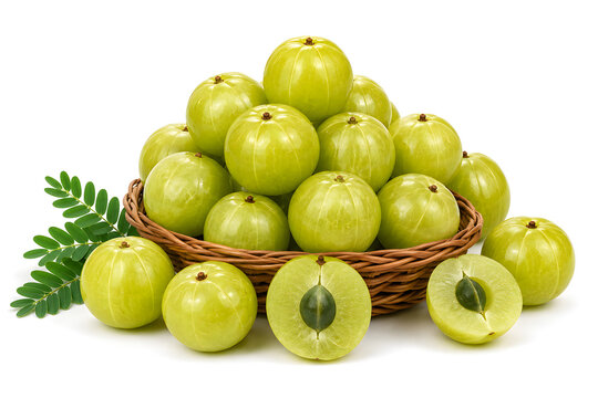 basket of amla | Fresh Indian Gooseberry (Amla) in Wicker Basket Isolated on White Background | Organic Amla Fruit with Cut Half