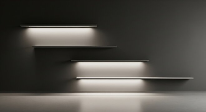 Minimalist interior design features floating wall shelves with soft integrated LED accent lighting in a modern dark studio space for elegant product display and architectural wall decor concepts.