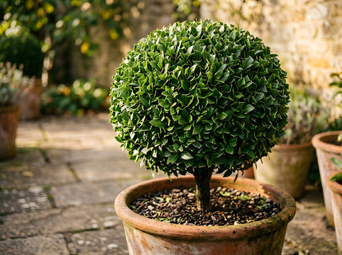 potted bay laurel topiary tree | spherical green plant in terracotta pot | classic english garden patio design | ornamental evergreen shrub for terrace