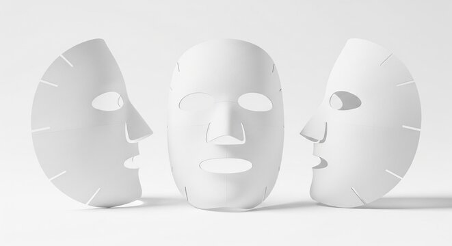 Three clean white facial sheet masks displayed from different angles for skincare and beauty product design presentation